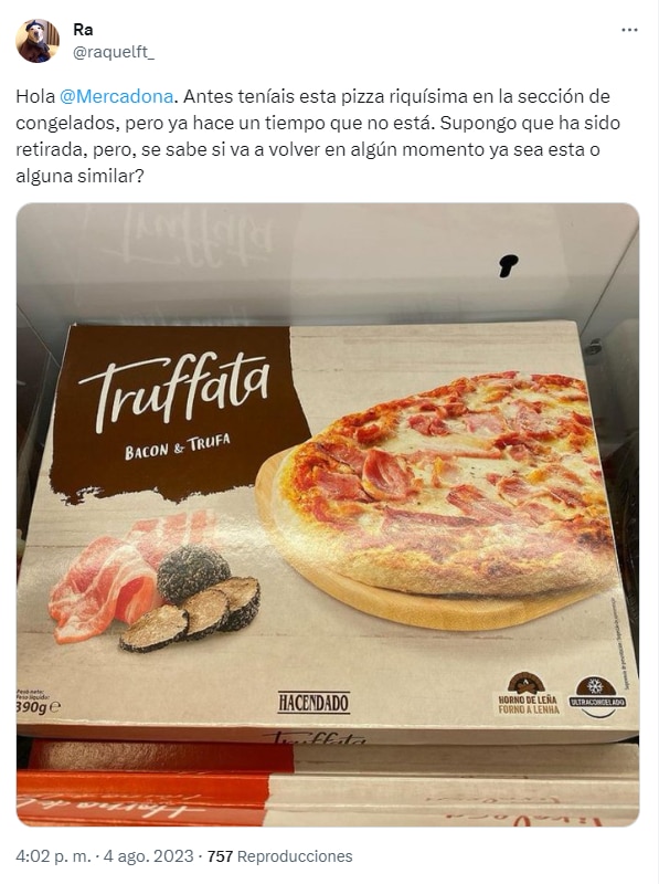 Mercadona withdraws its Truffata pizza.  (Twitter/@raquelft_)