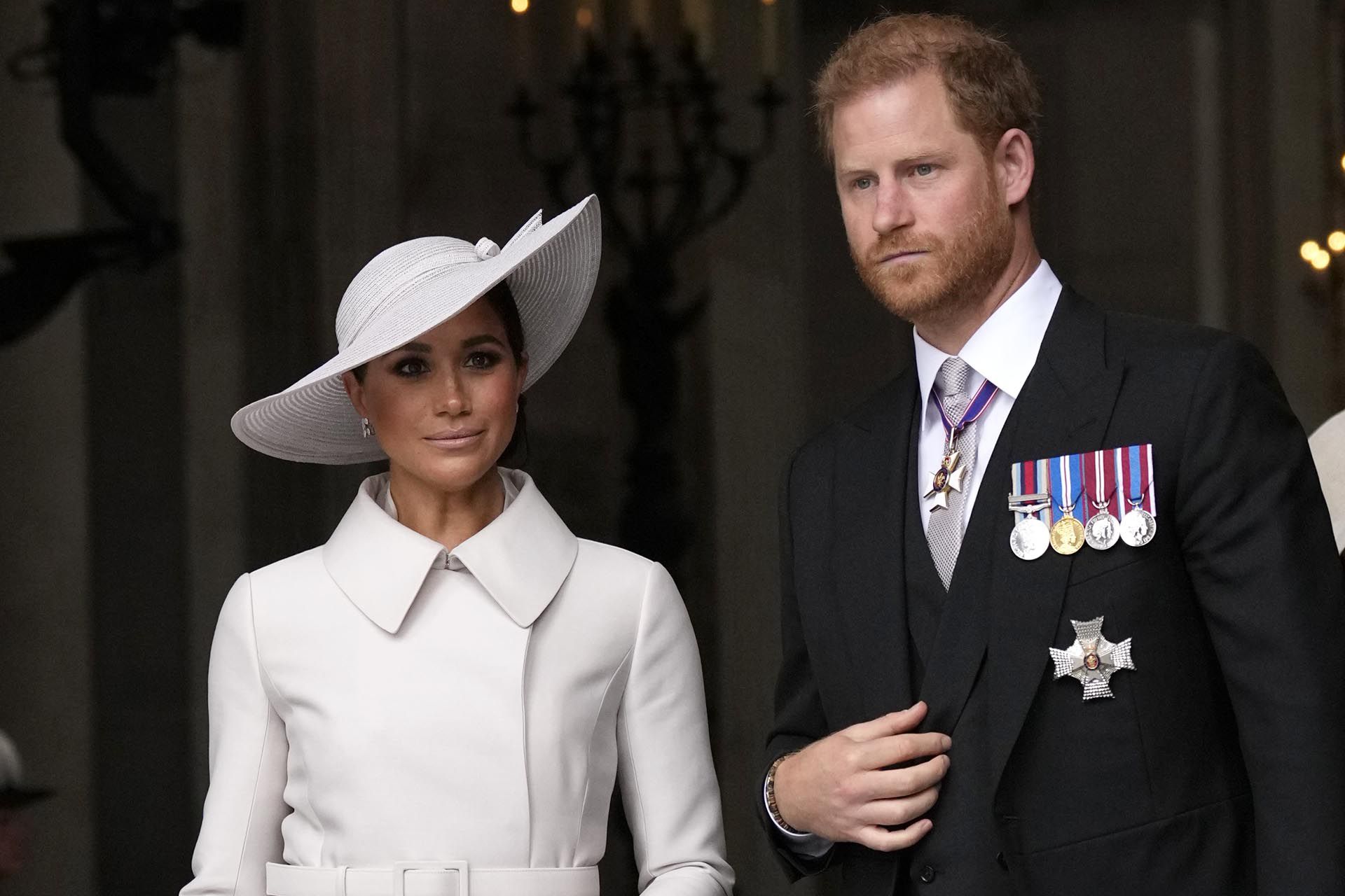Prince Harry and Meghan Markle, Duke and Duchess of Sussex after a service of thanksgiving for the reign of Queen Elizabeth II at St Paul's Cathedral in London, Friday, June 3, 2022 (AP Photo/Matt Dunham , Pool, File)