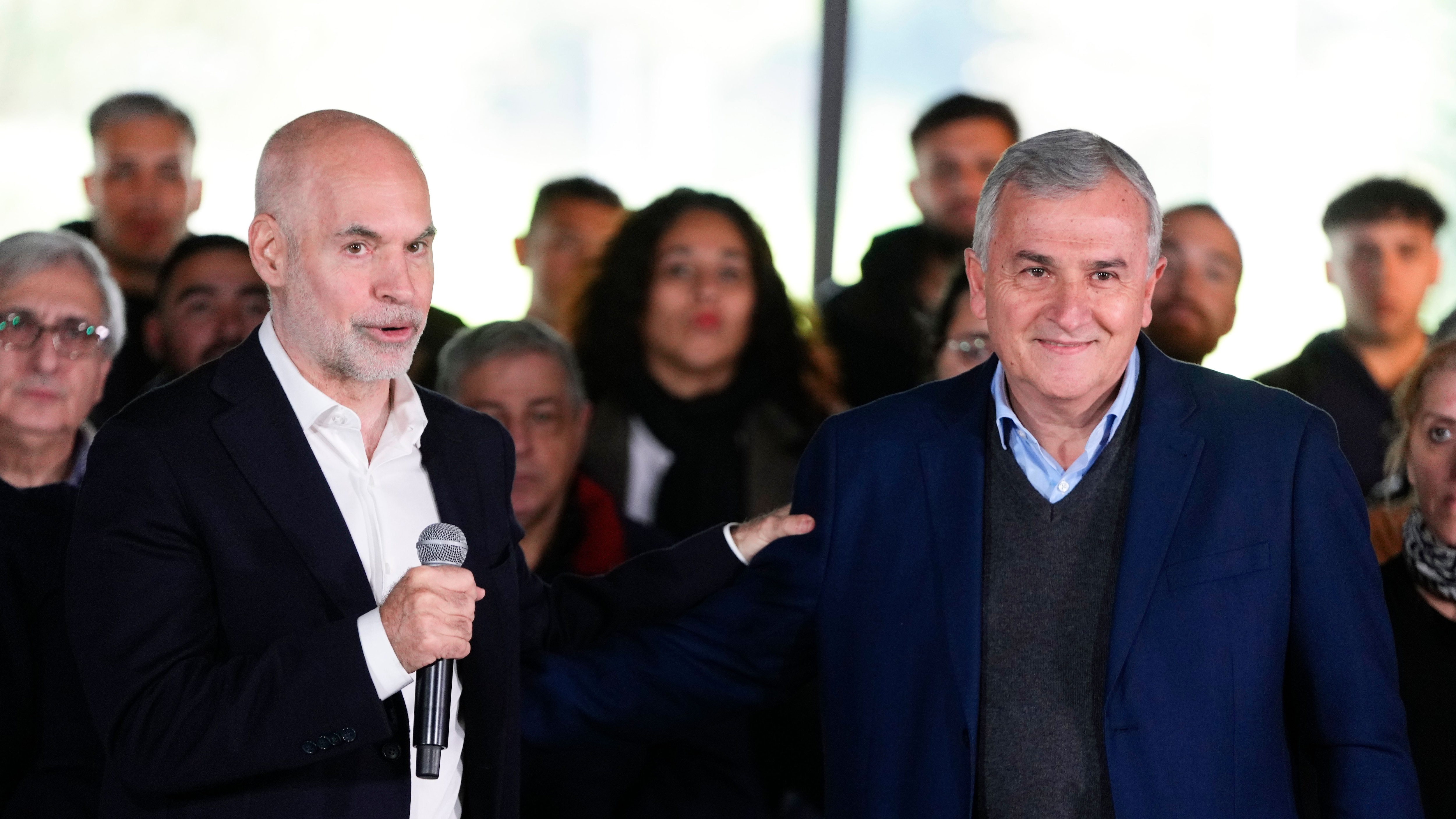 Presidential candidate Horacio Rodríguez Larreta, left, and Gerardo Morales, governor of Jujuy province, will carry out campaign activities in Córdoba (AP Photo/Natacha Pisarenko)