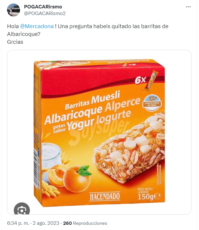 Muesli and apricot bars withdrawn from Mercadona.  (Twitter)