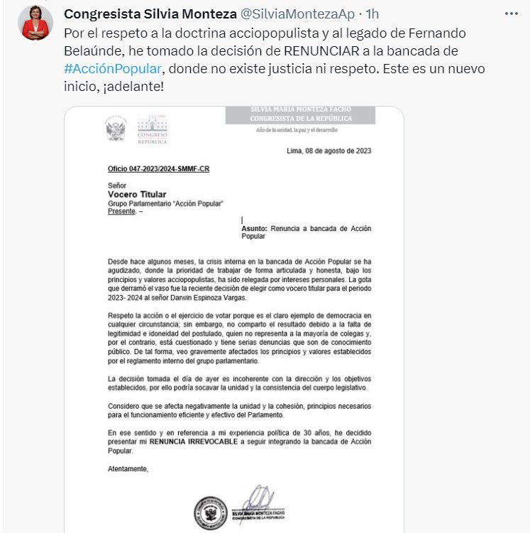 Resignation of Silvia Monteza.