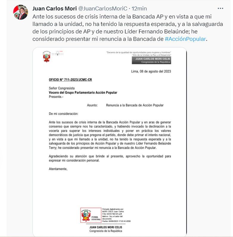 Resignation of Juan Carlos Mori.