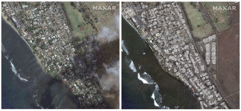 This combination of satellite images provided by Maxar Technologies shows an aerial view of South Lahaina, Maui, Hawaii, on June 25, 2023 at left, and another of the same area on Wednesday, August 9, after a wildfire on the island.  (Maxar Technologies via AP)