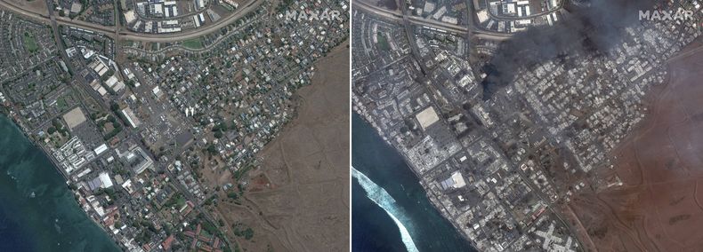 This combination of satellite images provided by Maxar Technologies shows an aerial view of Lahaina Square, in Maui, Hawaii, on June 25, 2023 on the left, and the same area on August 9, after a fire in the center of the island hawaiian  (Maxar Technologies via AP)