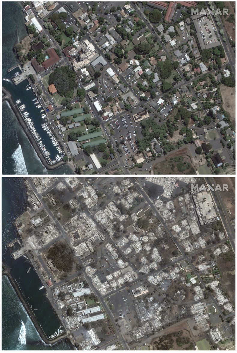 This combination of images provided by Maxar Technologies shows an aerial view of Banyan Court, in Lahaina, Maui, on June 25, 2023 above, and another of the same area on Wednesday, Aug. 9 after a wildfire hit the island. hawaiian  (Maxar Technologies via AP)