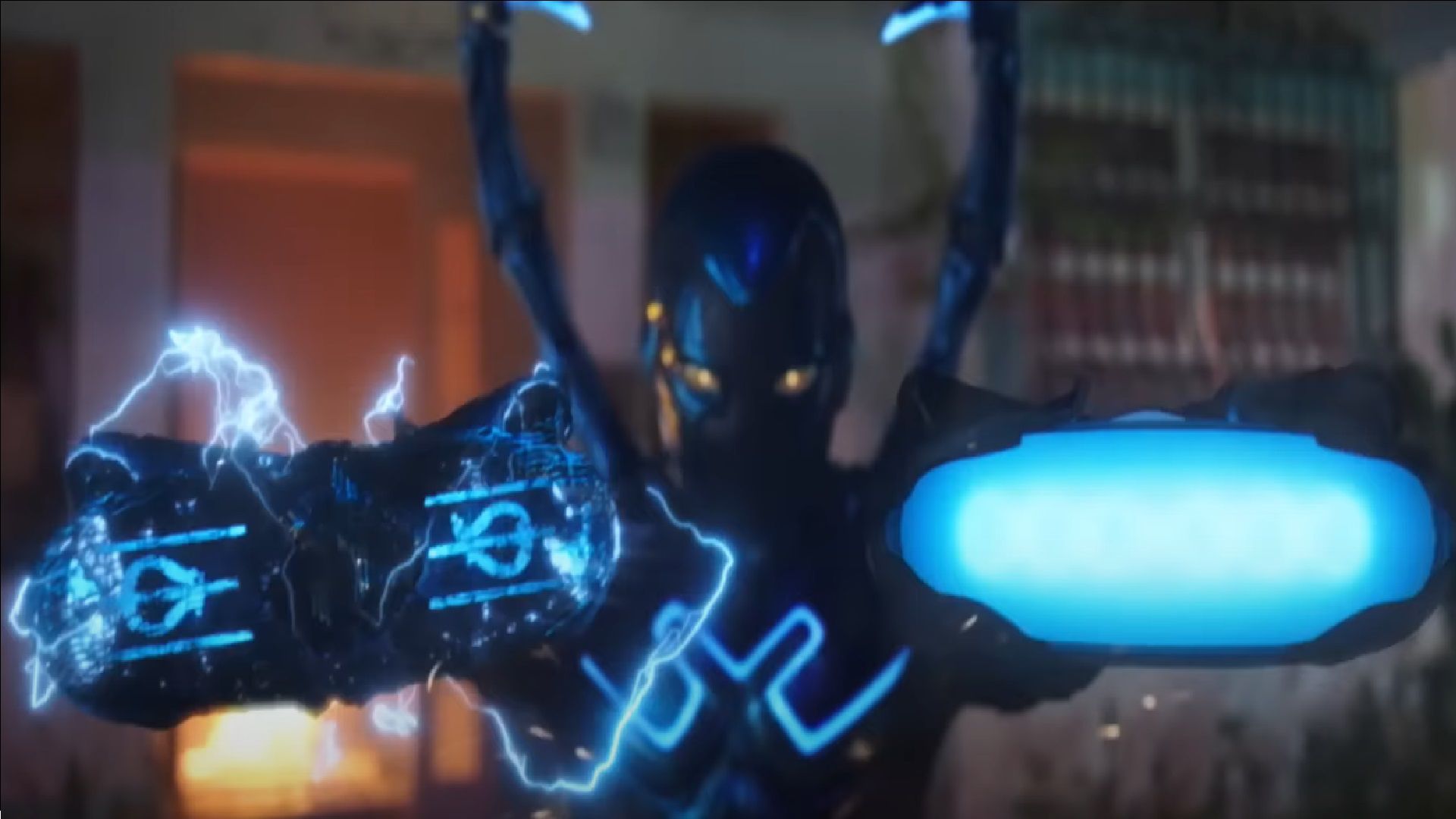 Jaime Reyes in action: Xolo Maridueña, in his starring role, transforms into the iconic Latino superhero, Blue Beetle.  (DC Studios)