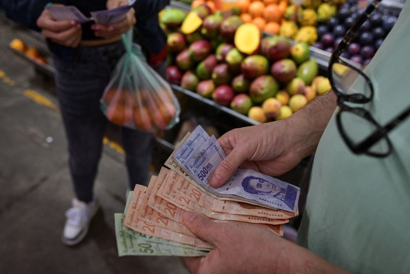 A customer counts Venezuelan bolivar bills at a stall in a municipal market in Caracas (REUTERS/Gaby Oraa/File)