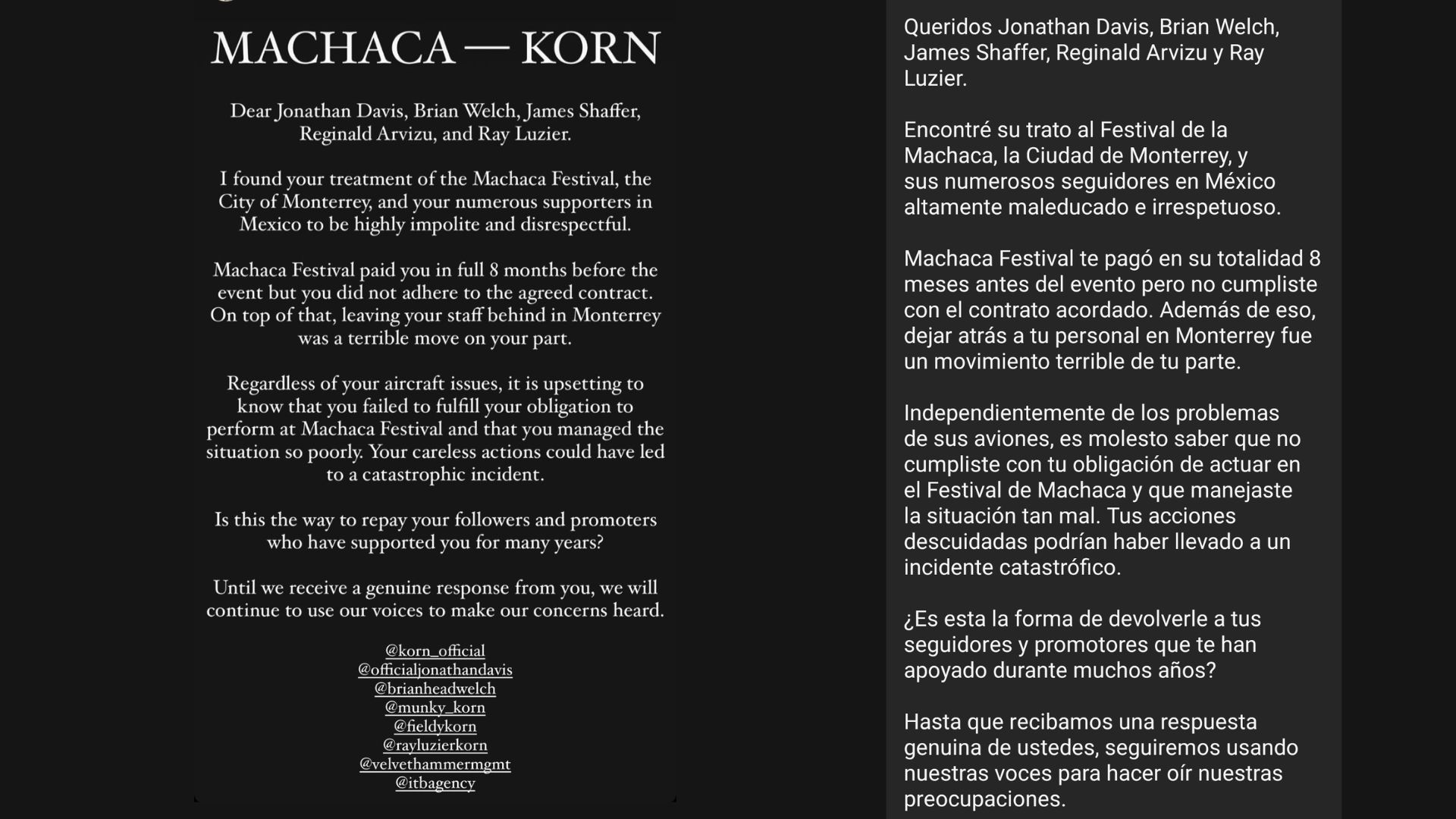 Statement published by Melo Montoya, organizer of the Macha festival.  (@melomontoya)
