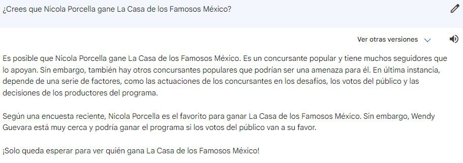 Google Bard responds to the possible triumph of Nicola Porcella in La Casa de los Famosos México.  (Google bard)