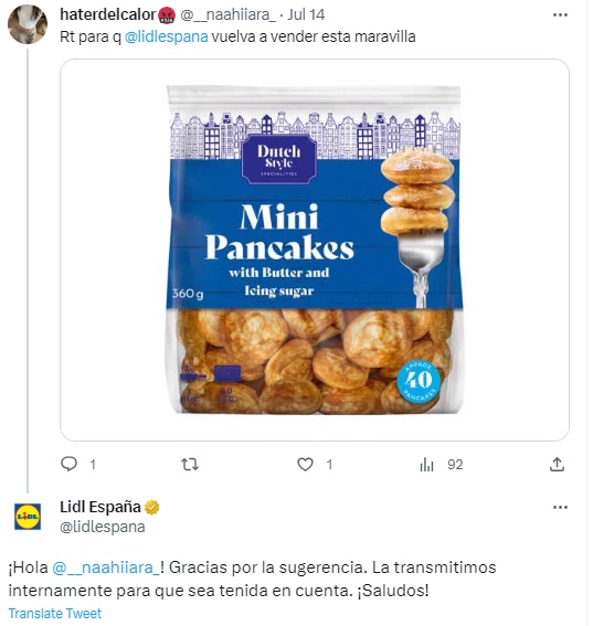 A customer asks for Mini Pancakes to return to Lidl.