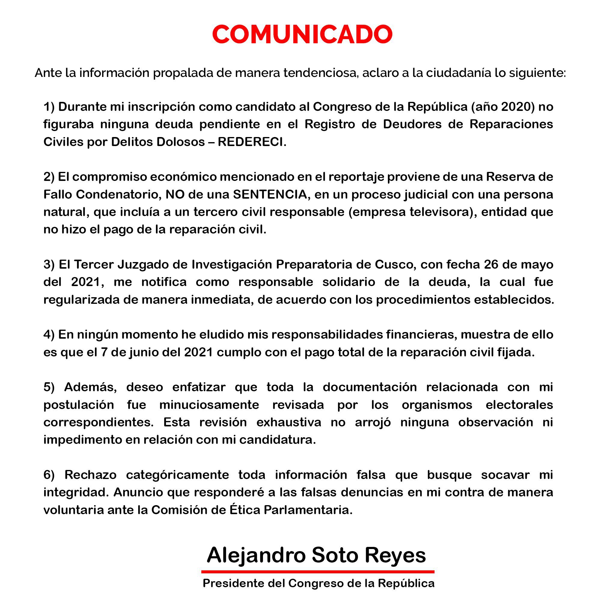 Statement from Alejandro Soto