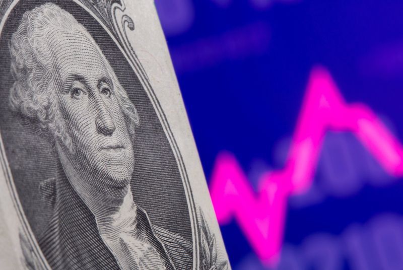 FILE PHOTO: A US one dollar bill is pictured in front of a stock market chart in this illustration taken May 7, 2021. REUTERS/Dado Ruvic/Illustration