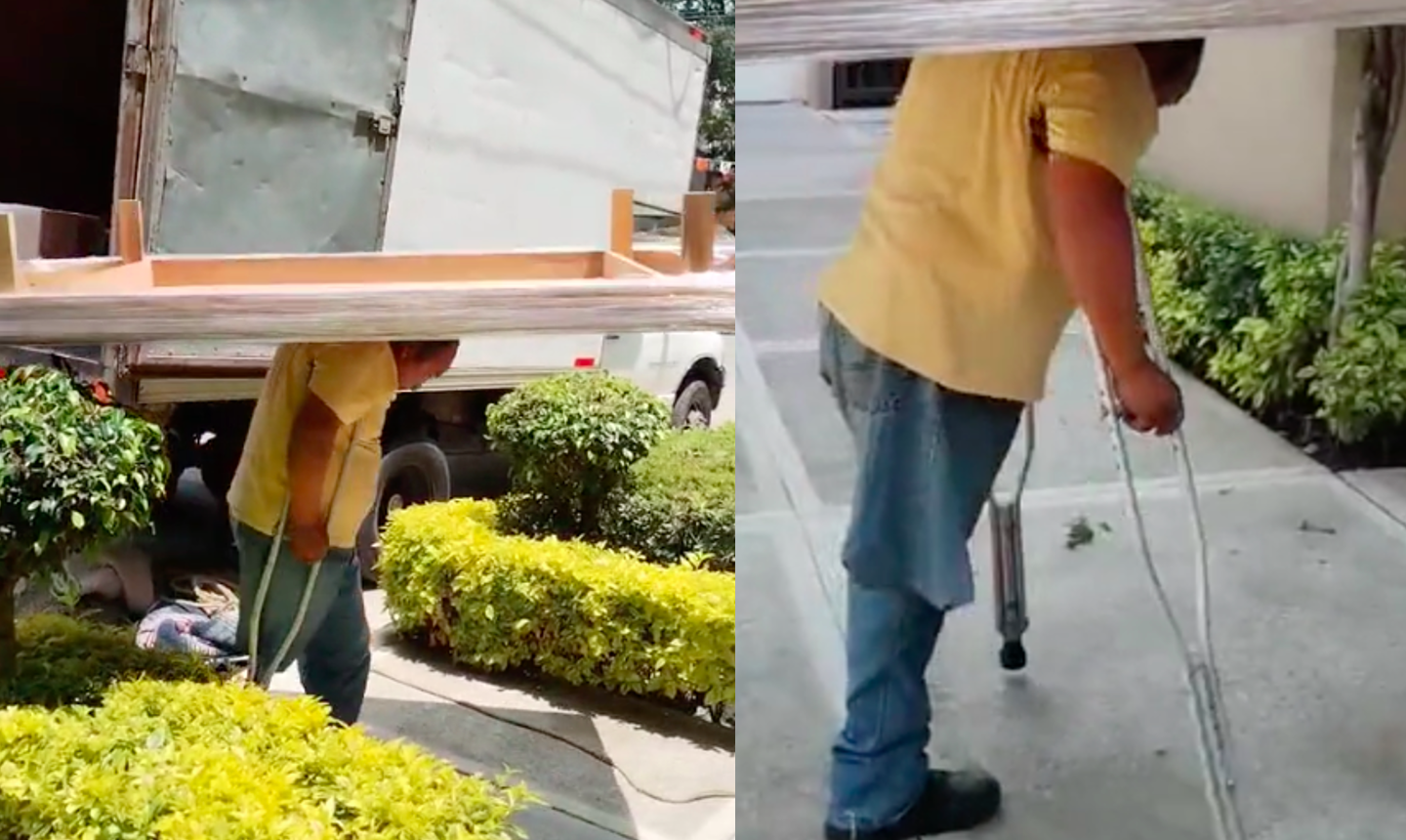 Man on crutches and without one leg who carries furniture moves on social networks
