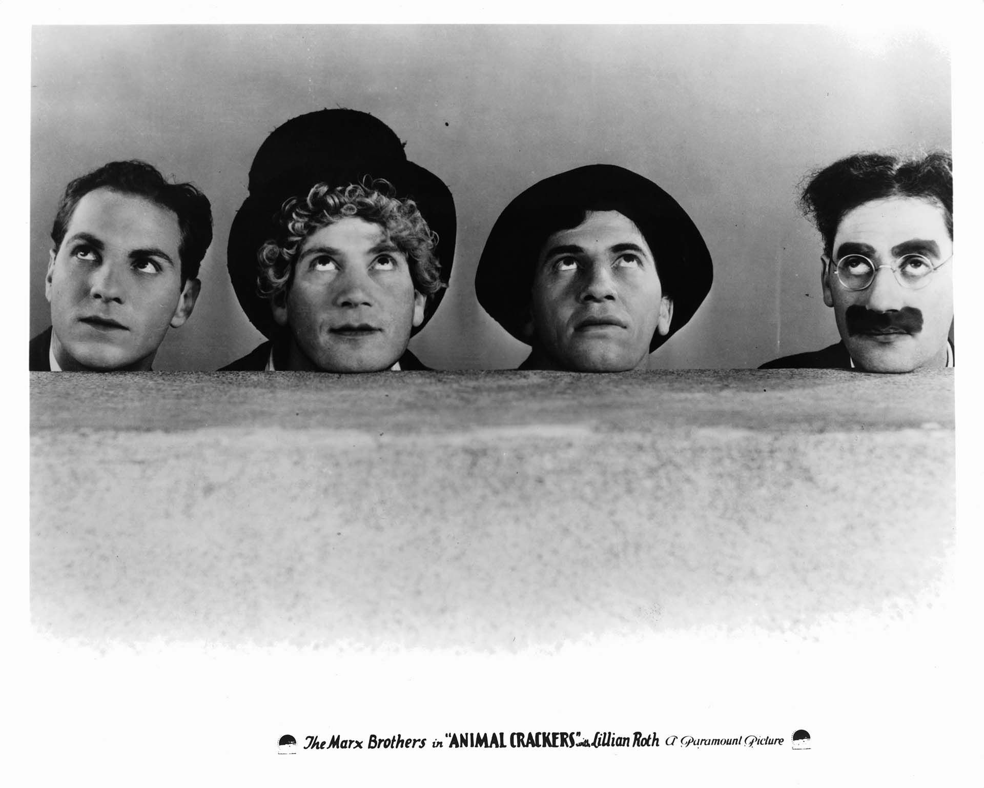 The Marx Brothers: Zeppo, Harpo, Chico and Groucho in a commercial for their film 'Animal Crackers', 1930 (Photo by Paramount/Getty Images)