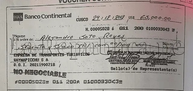 Second check for US$65,000 dated December 24 that would prove Alejandro Soto's scam against Transportes Wayna Picchu.  Photo: The Republic.