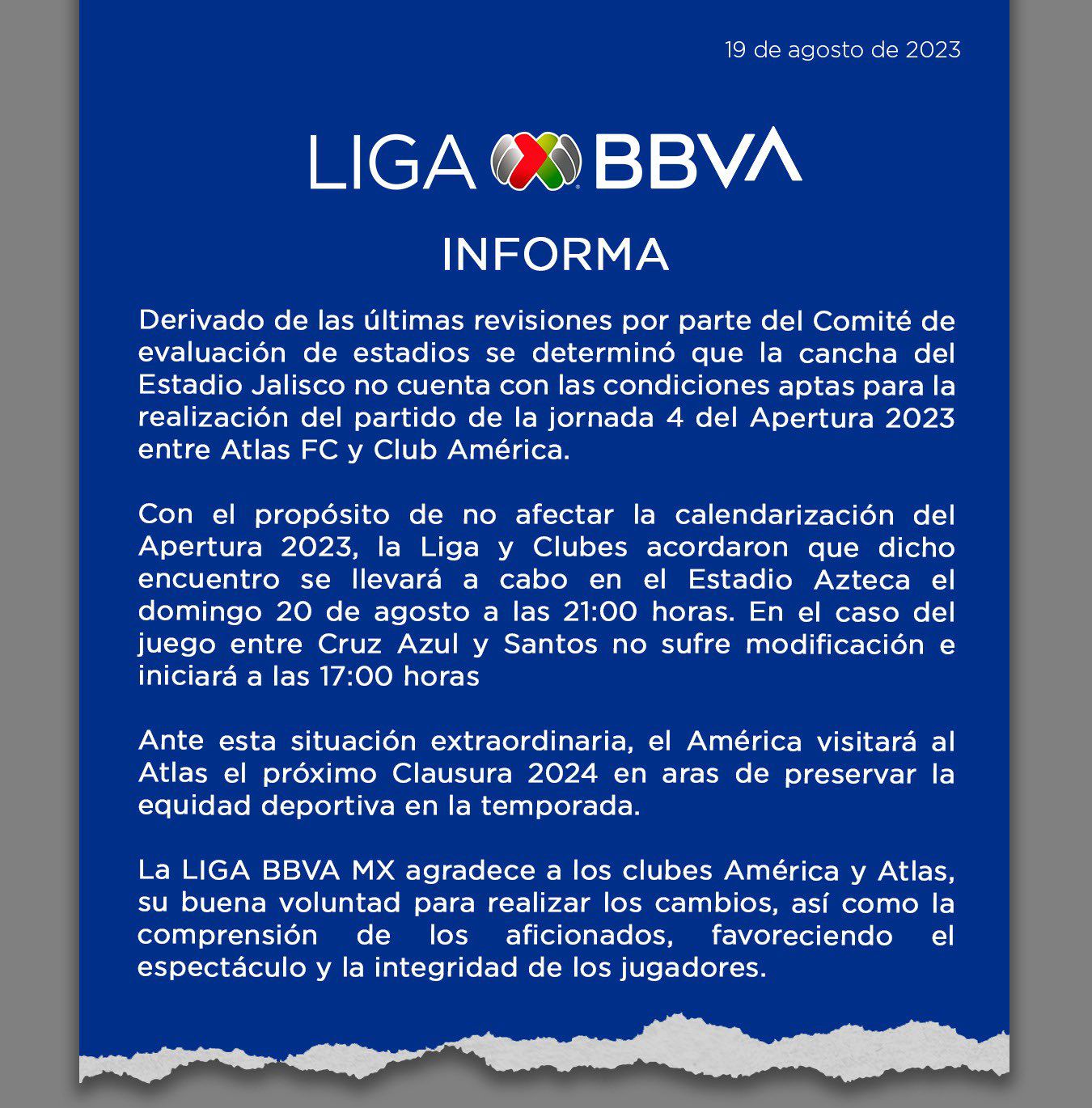 The Liga Mx made the announcement known through a statement shared on social networks.  (Twitter/@LigaBBVAMx)