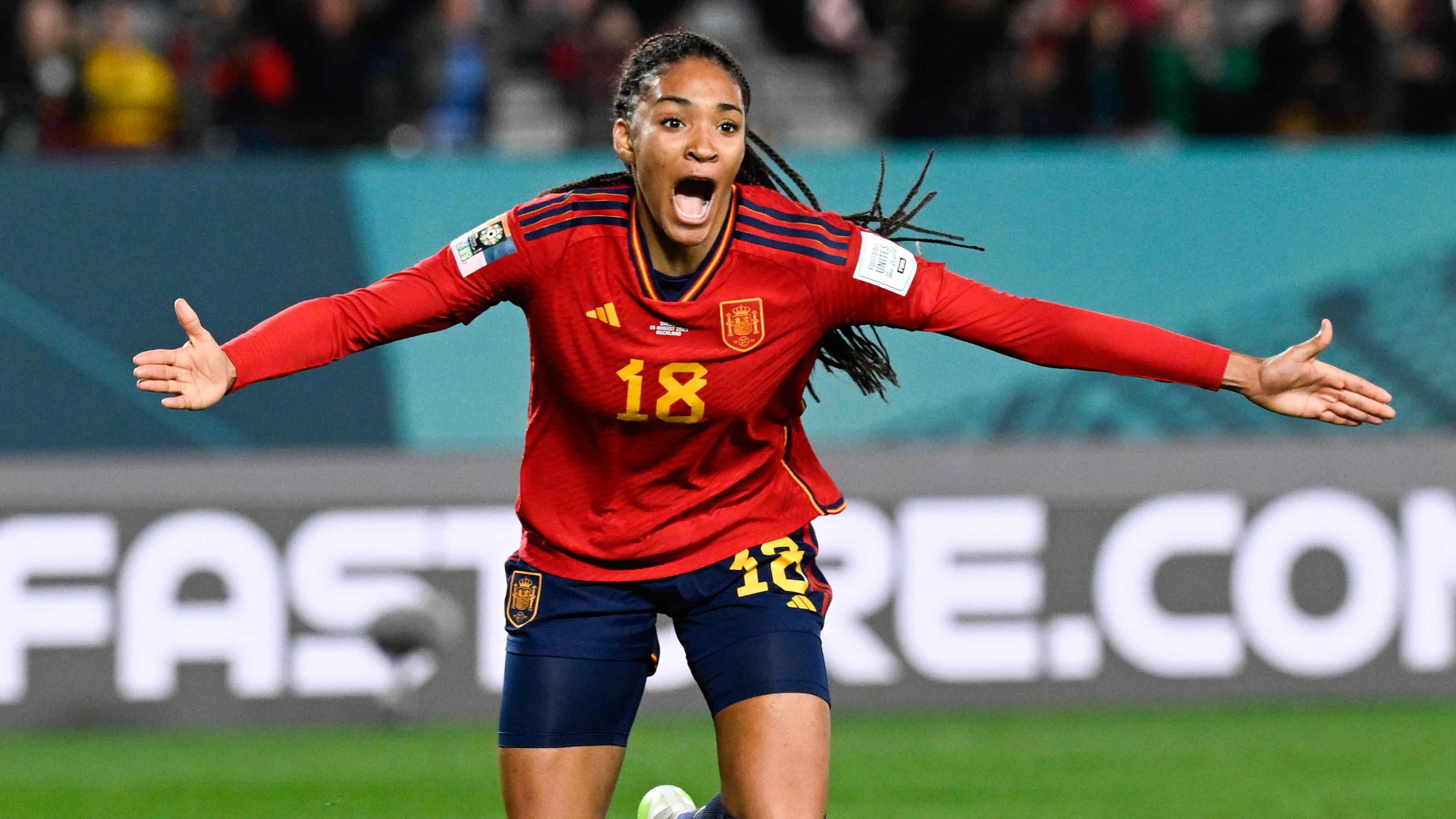 Salma Paralluelo of Spain celebrates after scoring her team's first goal in the World Cup semifinal against Sweden on Tuesday, Aug. 15, 2023. (AP Photo/Andrew Cornaga)