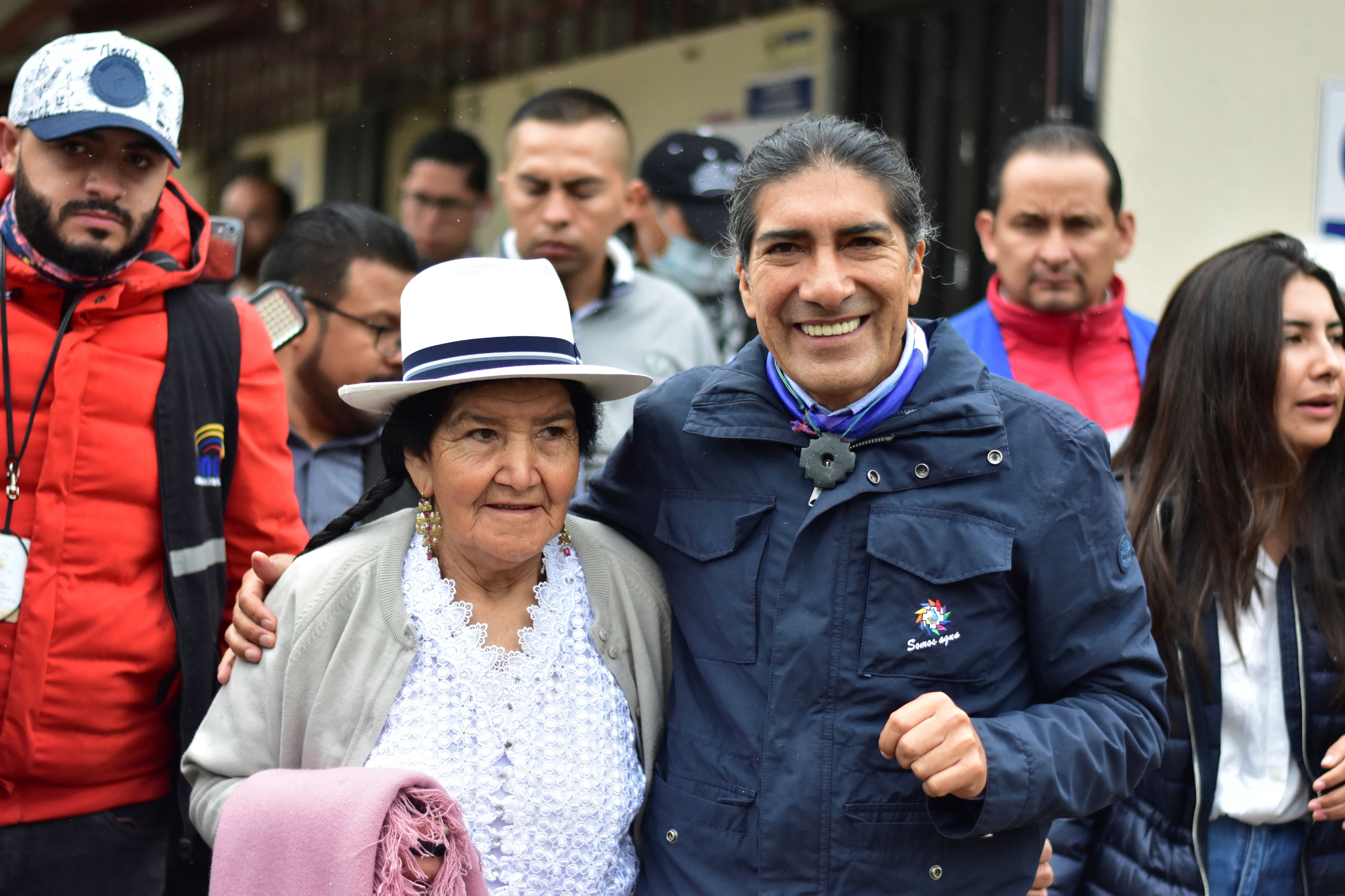 Yaku Pérez and his mother at a polling station in Cuenca (via Reuters)