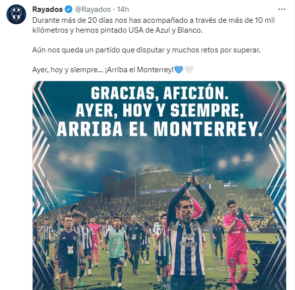 Thanks to the Rayados for the support of their fans during the semifinals of the binational tournament Photo: Screenshot, Twitter/Rayados