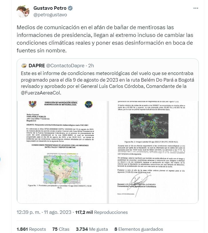 With this trill, the President of the Republic, Gustavo Petro, attacked the Colombian media for what he called "disinformation" regarding his return flight from the Amazon Summit.