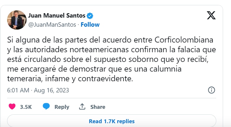 Juan Manuel Santos denies bribery through this trill.