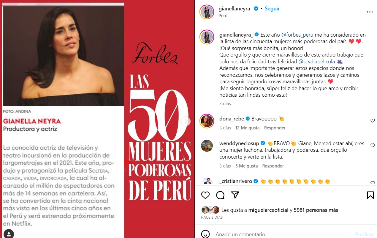 Gianella Neyra and her thanks after being selected on the Forbes Peru list.  instagram