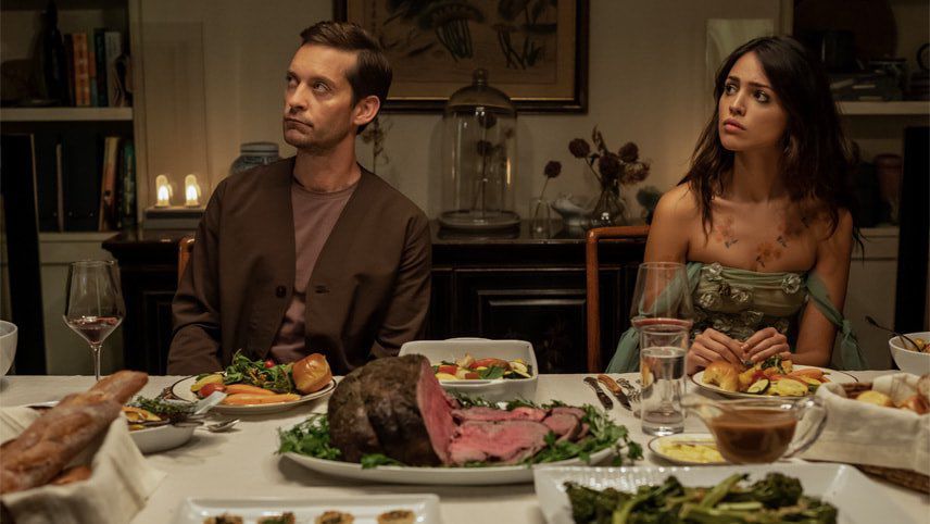 Tobey Maguire alongside Eiza González in the Apple TV+ series, Extrapolations, which premiered in March of this year.