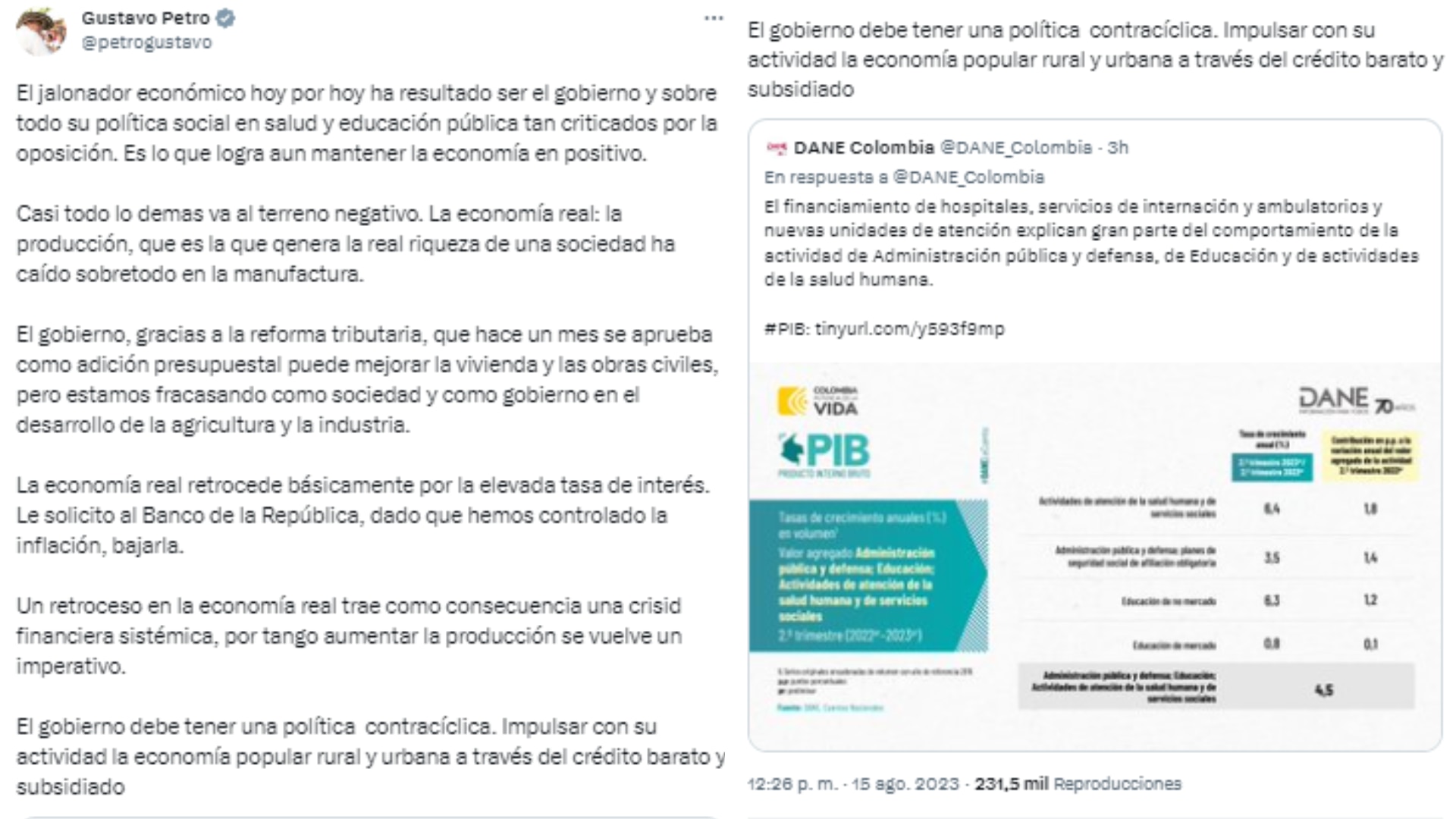 President Gustavo Petro asked the Banco de la República, through his X (Twitter) account, to reduce interest rates to offset the impact on the real economy.  Photo: Twitter.