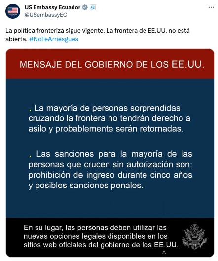 The warning issued by the Embassy of the United States in Ecuador for irregular travelers.