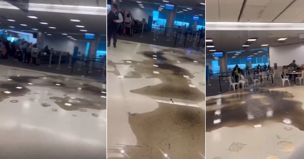 Bad-smelling water falls in the Miami Airport hallway after a pipe breaks
