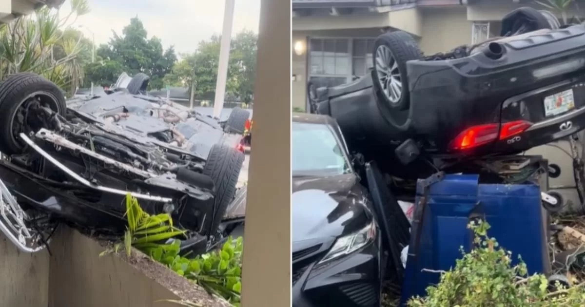 Car invades the portal of a home in a spectacular accident in Miami
