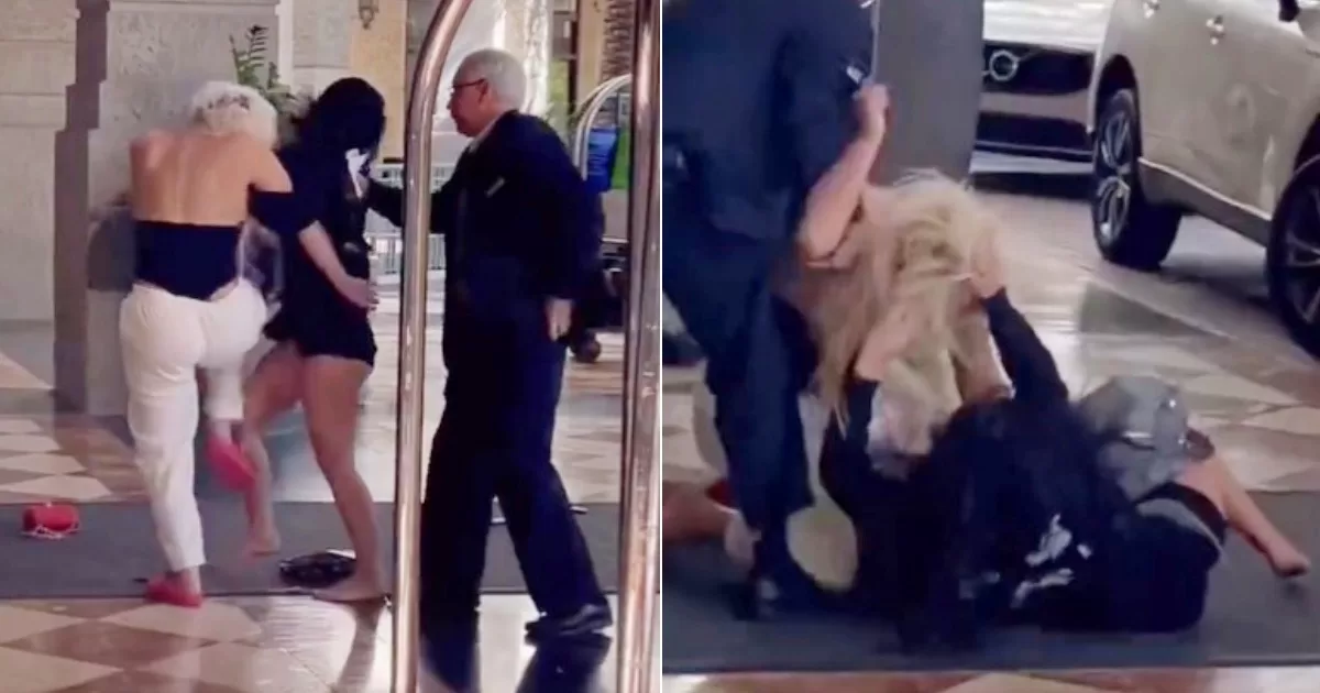 Two women fight in the lobby of a hotel in Miami
