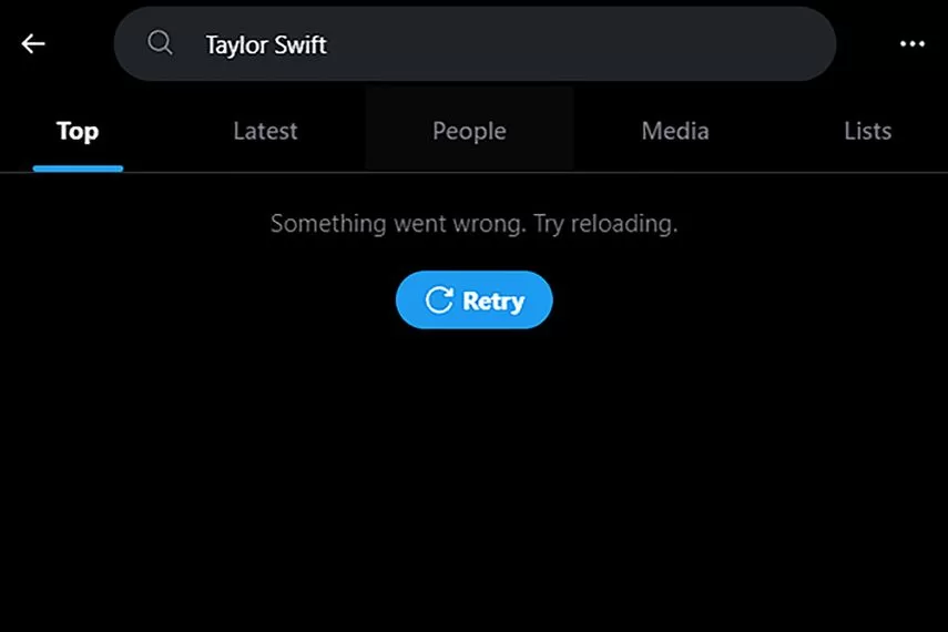 In this screenshot taken on January 29, 2024, a search for Taylor Swift returns an error on platform