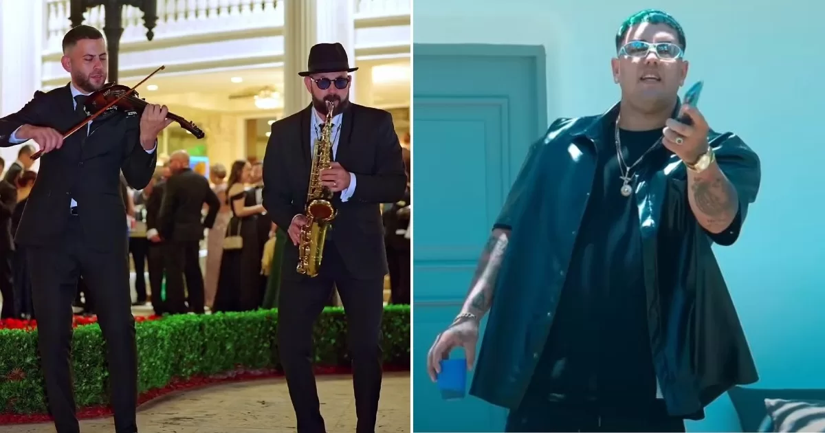Cuban musicians play Mawell's "La Triple M" on violin and saxophone at a wedding in Miami
