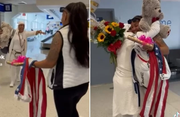 Cuban receives her mother in the United States with chocolates, flowers and balloons
