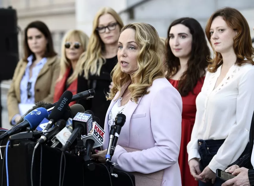Actress and one of the activists of the #MeToo movement Louisette Geiss speaks at a press conference with Silence Breakers, a group of women who have spoken out about the sexual misconduct of Hollywood producer Harvey Weinstein at the Los Angeles City Hall on the 25th. February 2020.