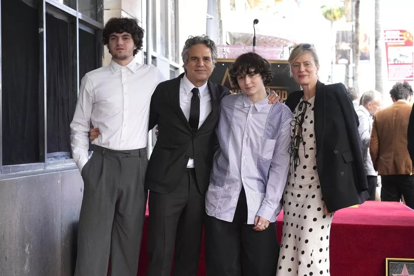 Keen Ruffalo, Mark Ruffalo, Bella Ruffalo and Sunrise Coigney attend a ceremony honoring Mark Ruffalo with a star on the Hollywood Walk of Fame on Thursday, February 8, 2024 in Los Angeles. 