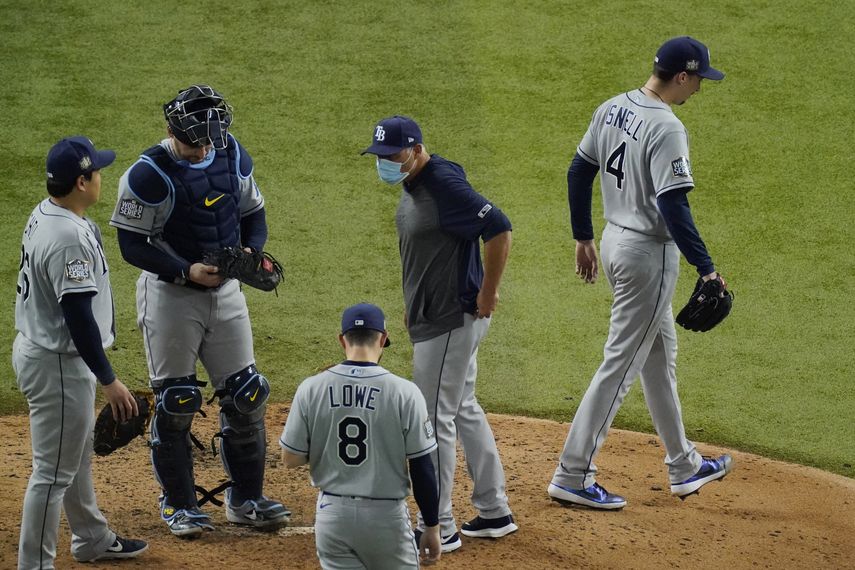 Tampa Bay Rays starter Blake Snell leaves Game 6 of the World Series against the Los Angeles Dodgers, Tuesday, Oct. 27, 2020, in Arlington, Texas 