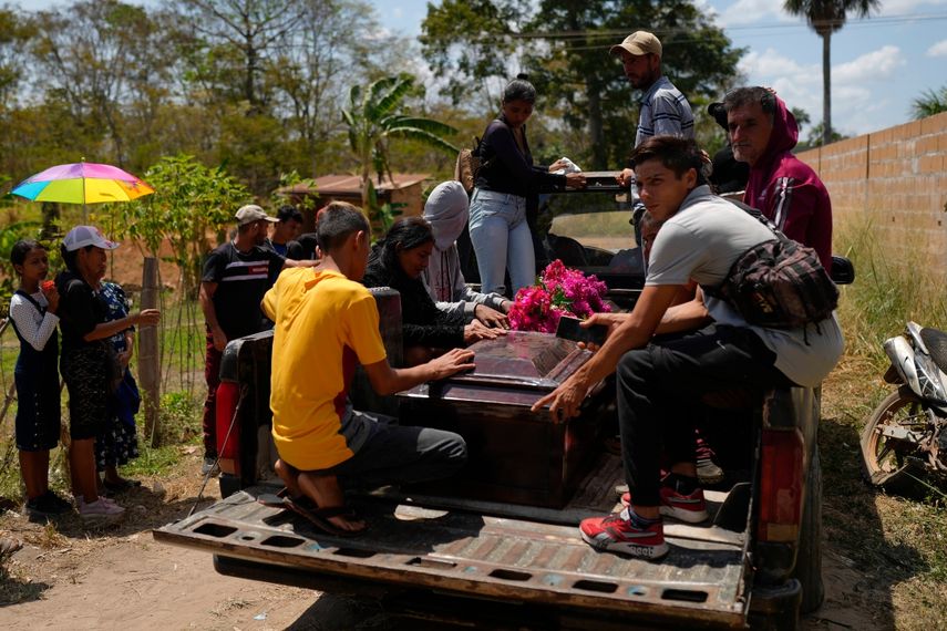 The coffin with the remains of miner Gerson Leal in a truck on the way to the cemetery in La Paragua, Bolívar state, Venezuela, on Thursday, February 22, 2024.