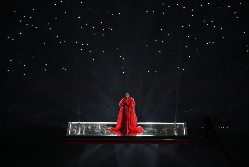 Barbadian singer Rihanna performs during the Super Bowl LVII halftime show between the Kansas City Chiefs and the Philadelphia Eagles at State Farm Stadium in Glendale, Arizona, on February 12, 2023.