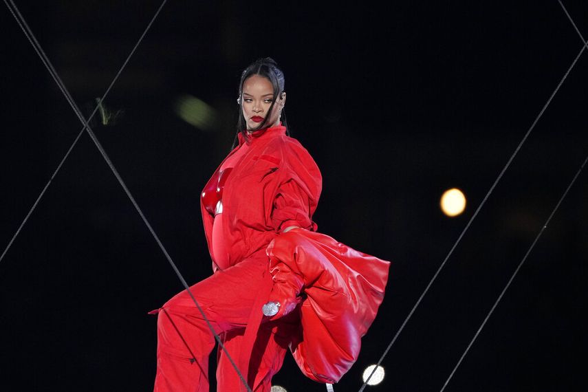 Rihanna during her performance at the NFL Super Bowl 57 halftime show between the Kansas City Chiefs and the Philadelphia Eagles, Sunday, February 12, 2023, in Glendale, Arizona.