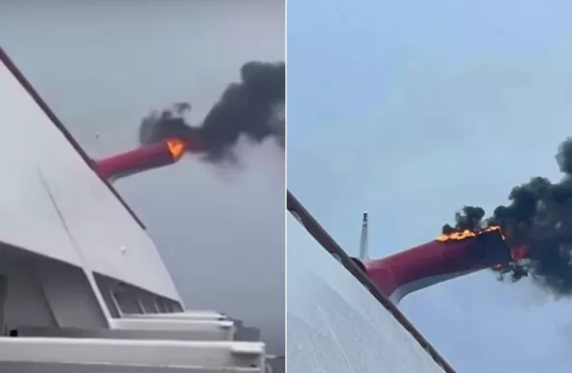 Fire in chimney on Carnival Freedom cruise ship
