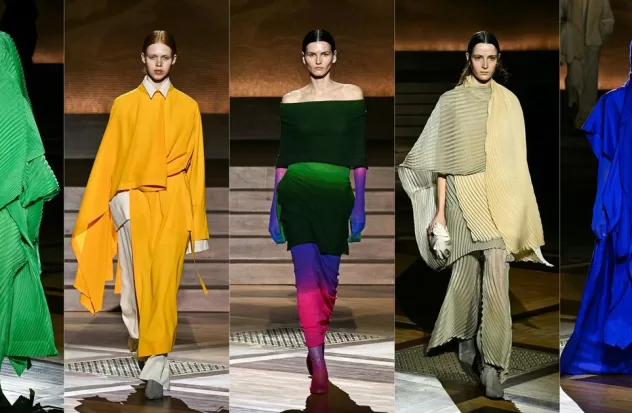 Issey Miyake associates colors and organic shapes in women's parade
