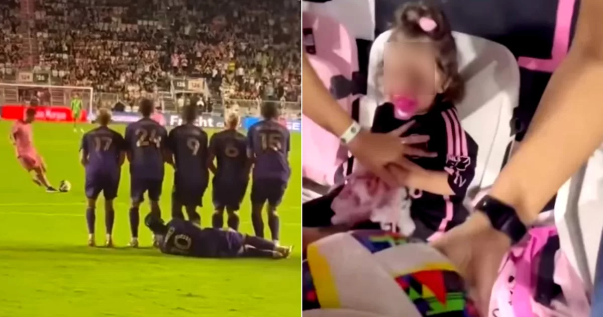Messi misses a direct shot, hits a girl in the stands and the father "melts" with the ball
