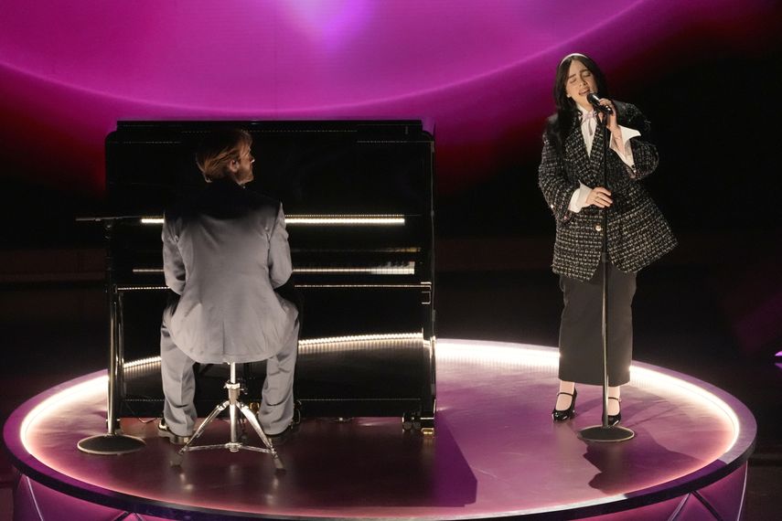 Finneas and Billie Eilish sing What Was I Made For?  from the movie Barbie during the Oscars on March 10, 2024, at the Dolby Theater in Los Angeles.