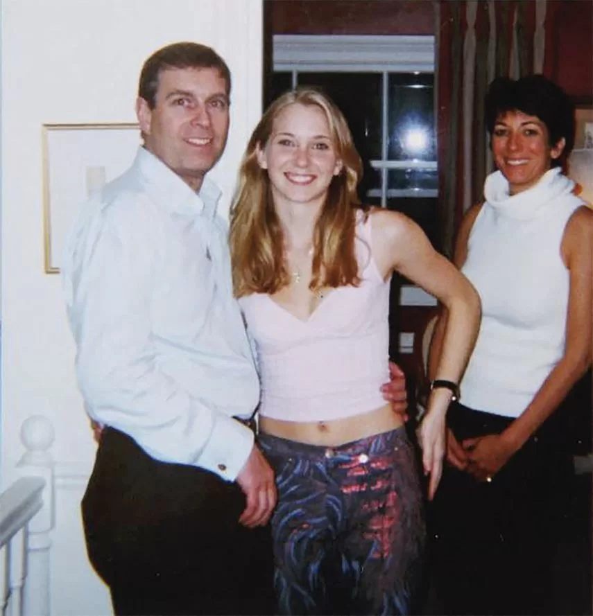 An undated photo taken at an undisclosed location and released on August 9, 2021 by the United States District Court for the Southern District of New York shows Prince Andrew, Virginia Giuffre and Ghislaine Maxwell posing for a photo.