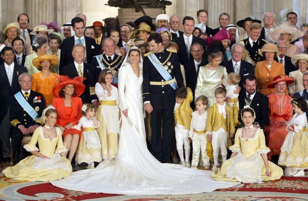 Prince Felipe of Spain and his wife, Princess of Asturias Letizia Ortiz, pose for a family photo at the Royal Palace in Madrid on May 22, 2004.