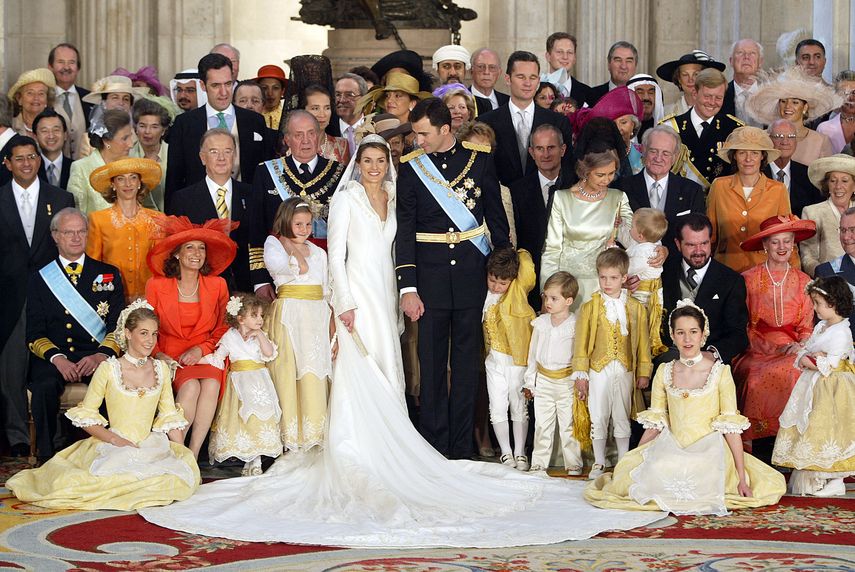 Prince Felipe of Spain and his wife, Princess of Asturias Letizia Ortiz, pose for a family photo at the Royal Palace in Madrid on May 22, 2004.