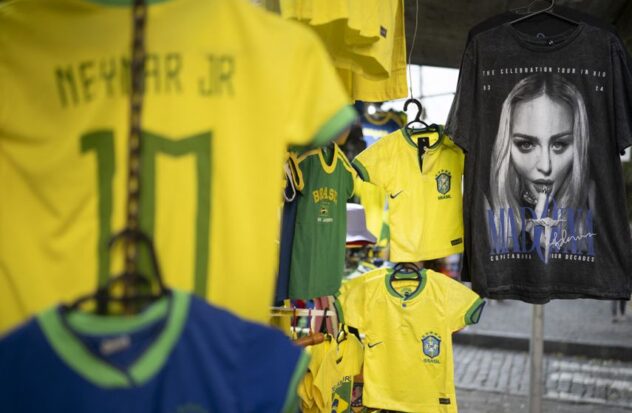 Merchandise of American pop star Madonna is offered in a store on the traditional Uruguaiana street in Rio de Janeiro on April 29, 2024.