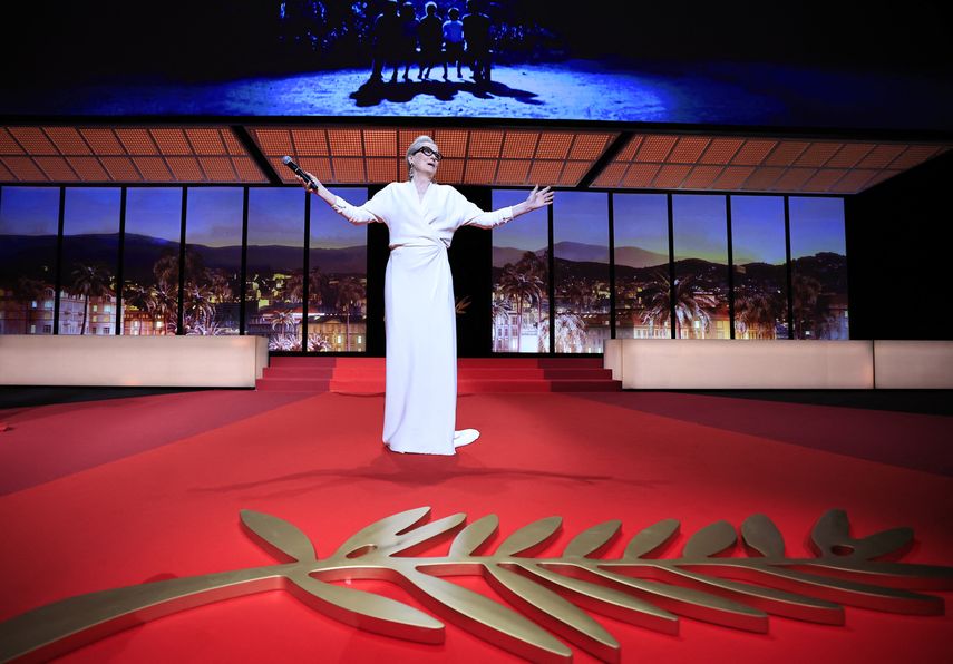 American actress Meryl Streep reacts before receiving the Honorary Palme d'Or during the opening ceremony of the 77th edition of the Cannes Film Festival in Cannes, southern France, on May 14, 2024.